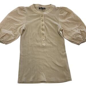 J.Crew Top Women‎ XX Small Tan Light Khaki Vintage Rib Puff Sleeve Henley